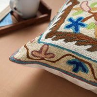 White - Original Chain Stitch Crewel Wool Thread Hand Embroidery Cushion Cover (16 x 16 in)