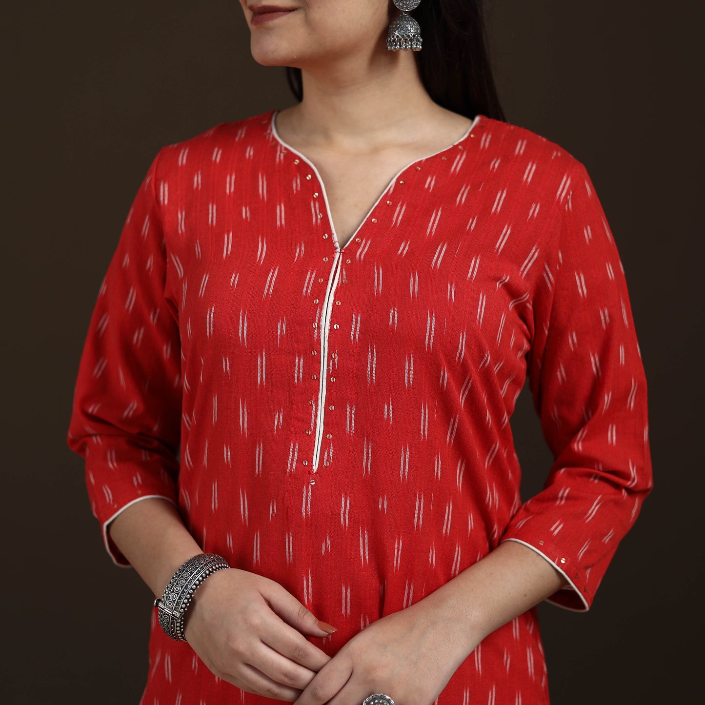 Sequin Work Pochampally Ikat Cotton Straight Long Kurta for Women 26
