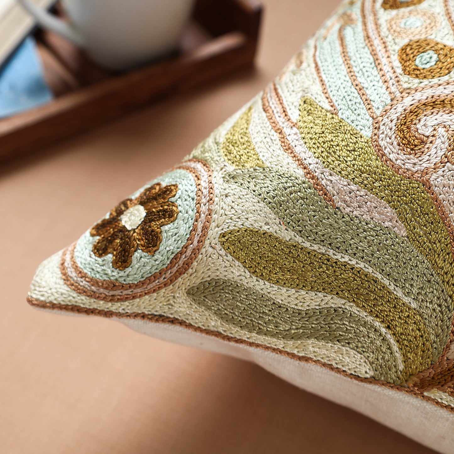 Multicolor - Original Chain Stitch Crewel Thread Hand Embroidery Silk Cushion Cover (16 x 16 in)