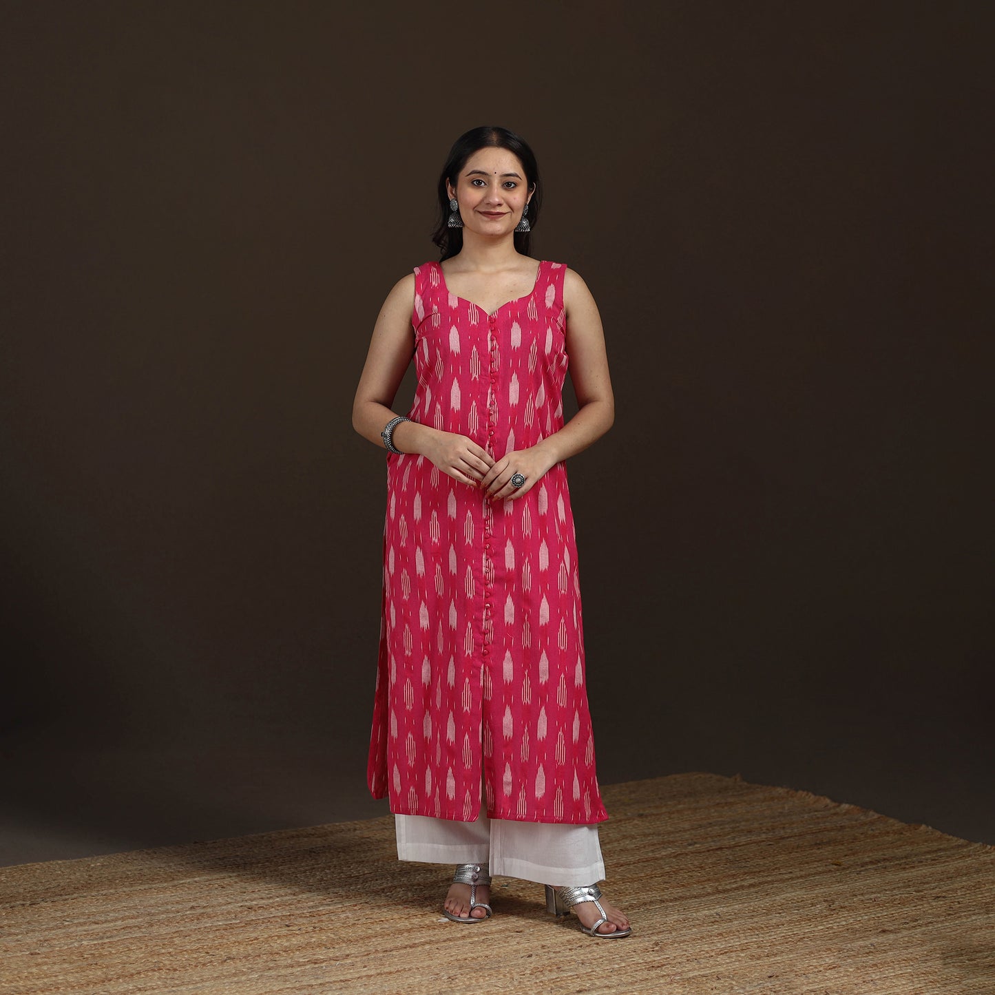 Pochampally Ikat Cotton Sleeveless Straight Long Kurta for Women 41