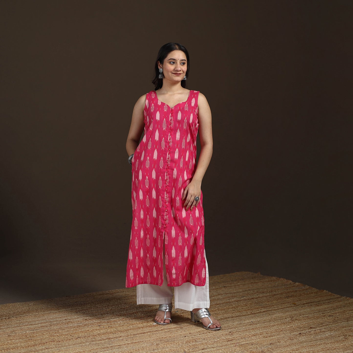 Pochampally Ikat Cotton Sleeveless Straight Long Kurta for Women 41
