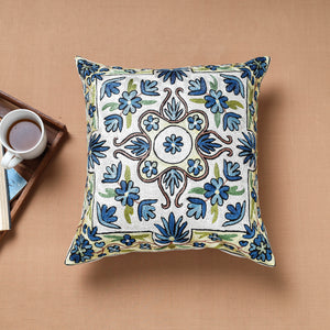 Blue - Original Chain Stitch Crewel Thread Hand Embroidery Silk Cushion Cover (16 x 16 in)
