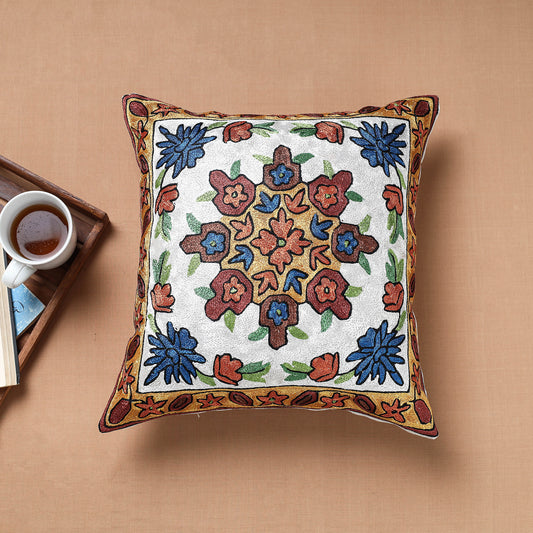 Multicolor - Original Chain Stitch Crewel Thread Hand Embroidery Silk Cushion Cover (16 x 16 in)