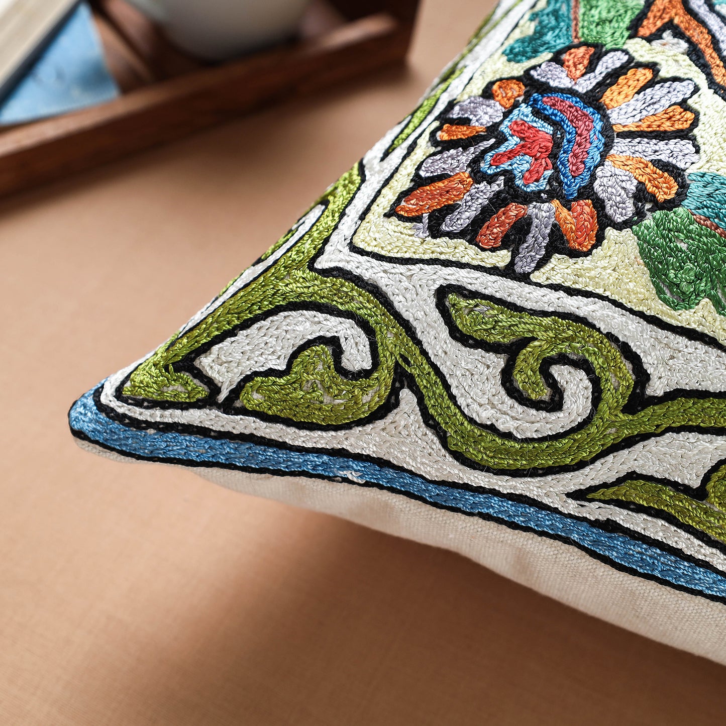 Green - Original Chain Stitch Crewel Thread Hand Embroidery Silk Cushion Cover (16 x 16 in)
