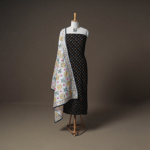 Black - Bandhani Cotton Unstitched Dress Material: Kurta & Dupatta with Jewellery 06