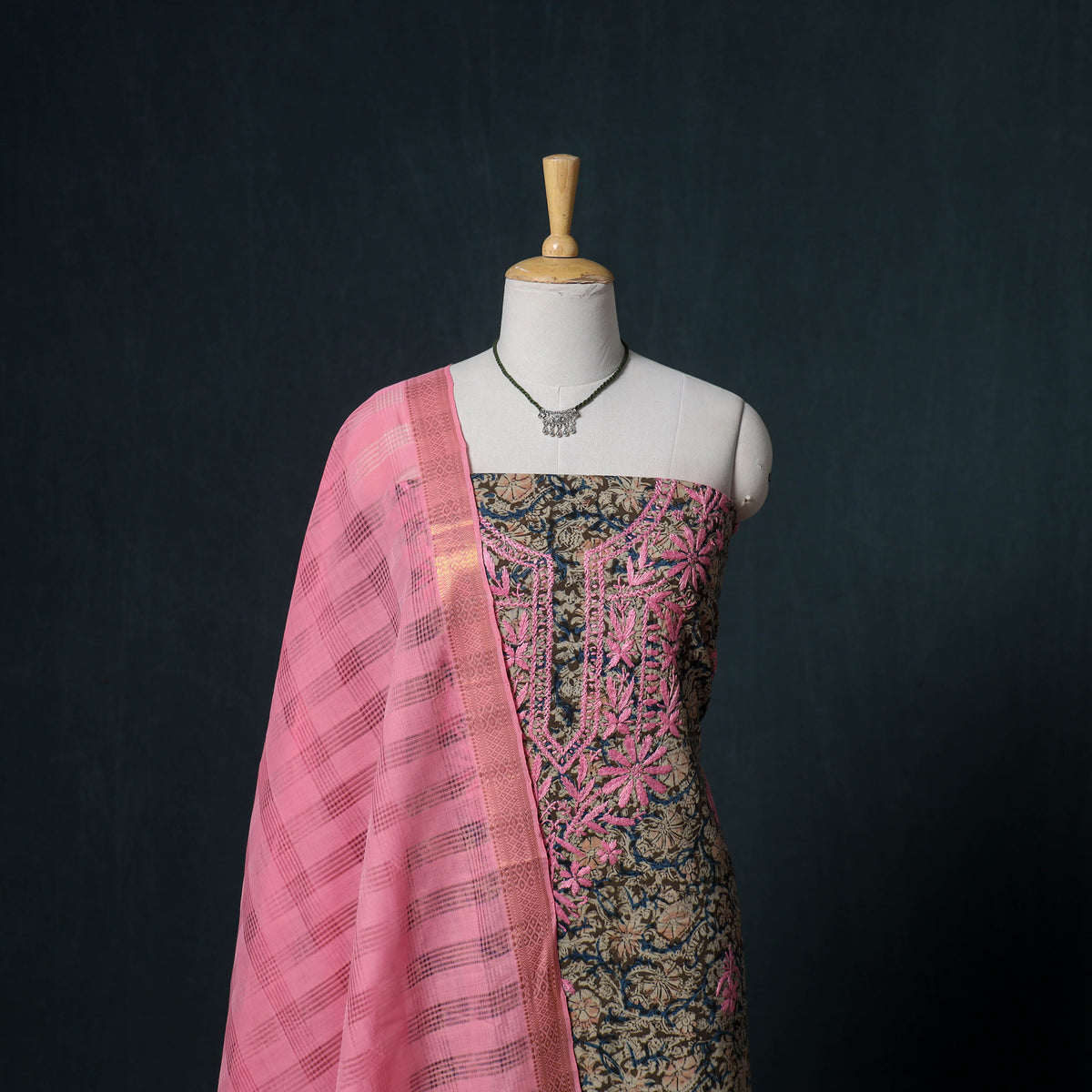 Lucknowi Chikankari Hand Work Unstitched Dress Material: Kurta & Dupatta with Jewellery 15
