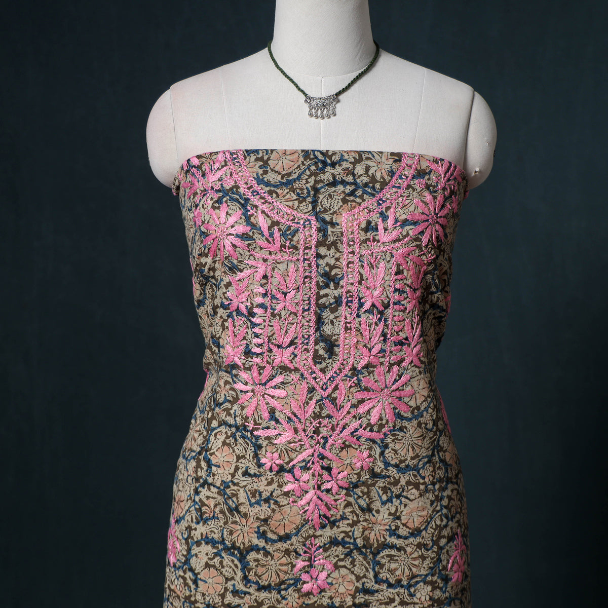 Lucknowi Chikankari Hand Work Unstitched Dress Material: Kurta & Dupatta with Jewellery 15