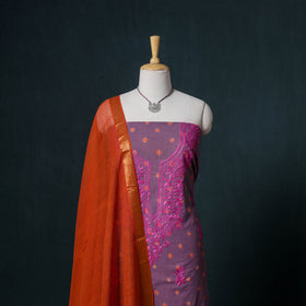 Lucknowi Chikankari Hand Work Unstitched Dress Material: Kurta & Dupatta with Jewellery 16