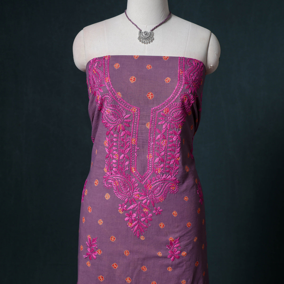 Lucknowi Chikankari Hand Work Unstitched Dress Material: Kurta & Dupatta with Jewellery 16