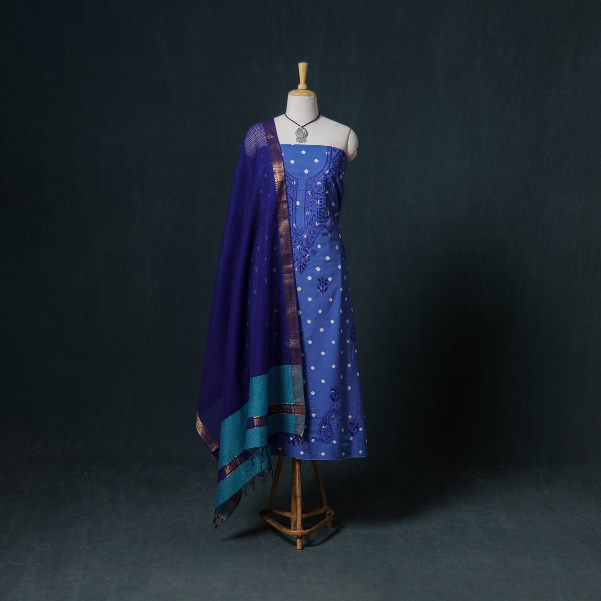 Lucknowi Chikankari Hand Work Unstitched Dress Material: Kurta & Dupatta with Jewellery 17