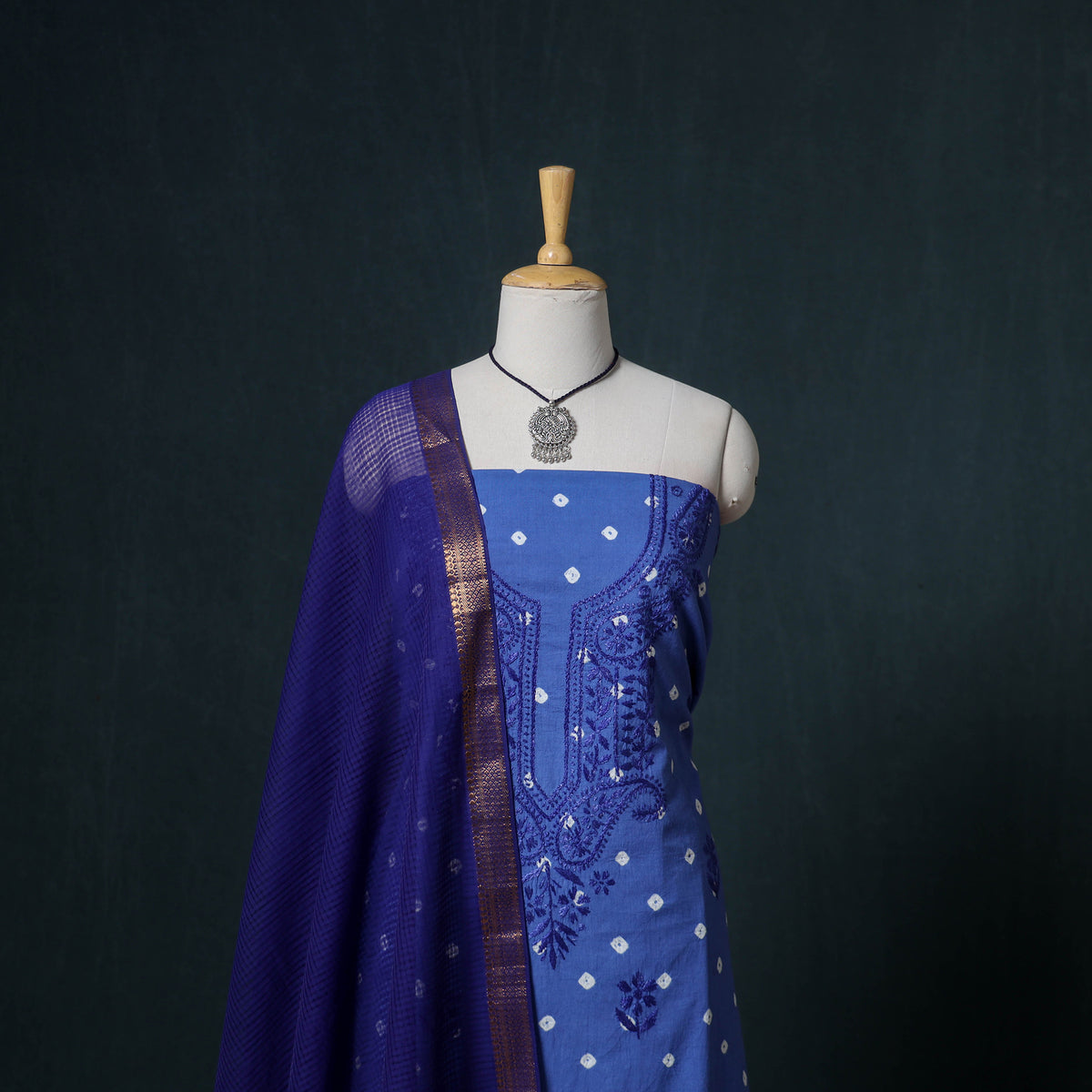 Lucknowi Chikankari Hand Work Unstitched Dress Material: Kurta & Dupatta with Jewellery 17