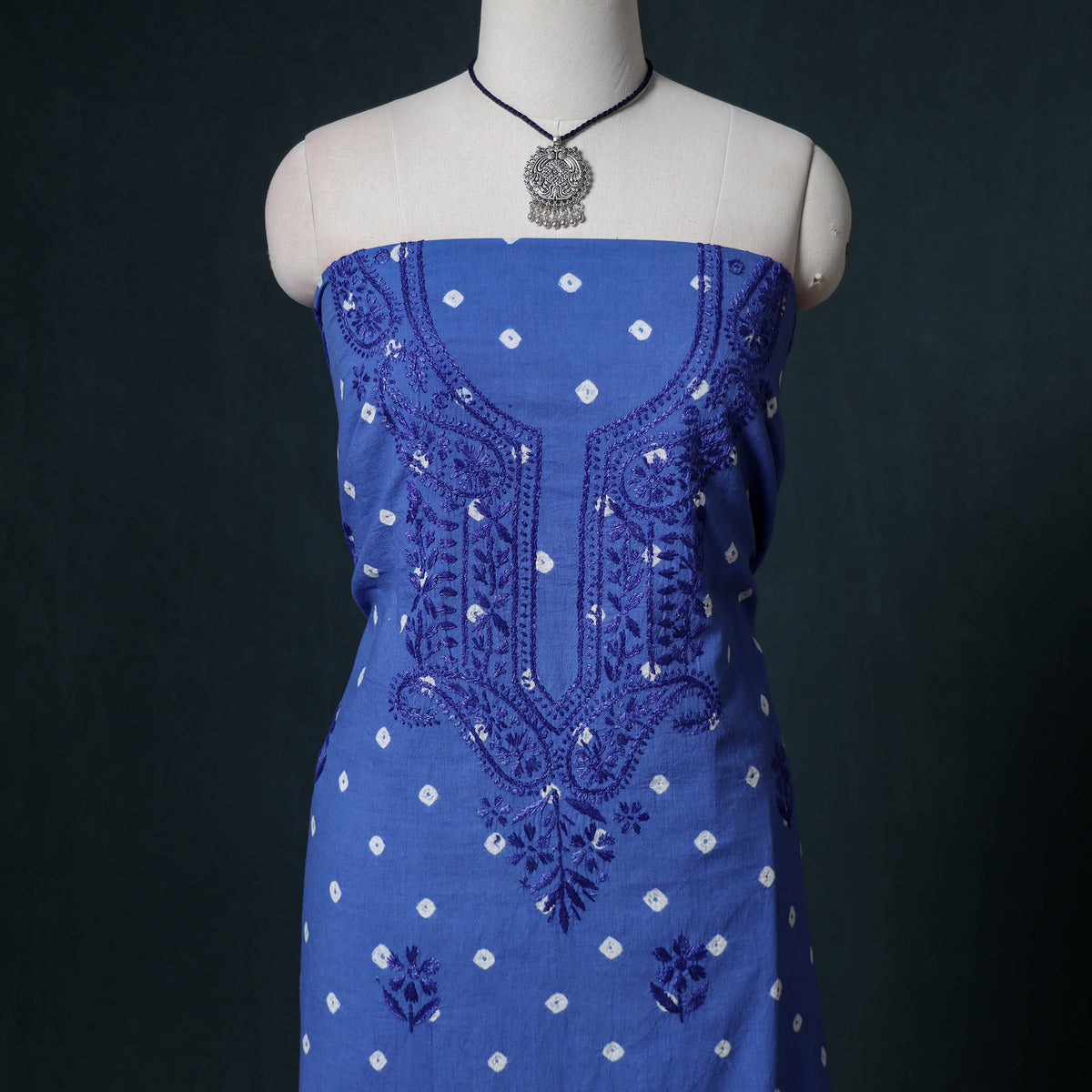 Lucknowi Chikankari Hand Work Unstitched Dress Material: Kurta & Dupatta with Jewellery 17