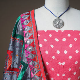 Bandhani Cotton Unstitched Dress Material: Kurta & Dupatta with Jewellery 09