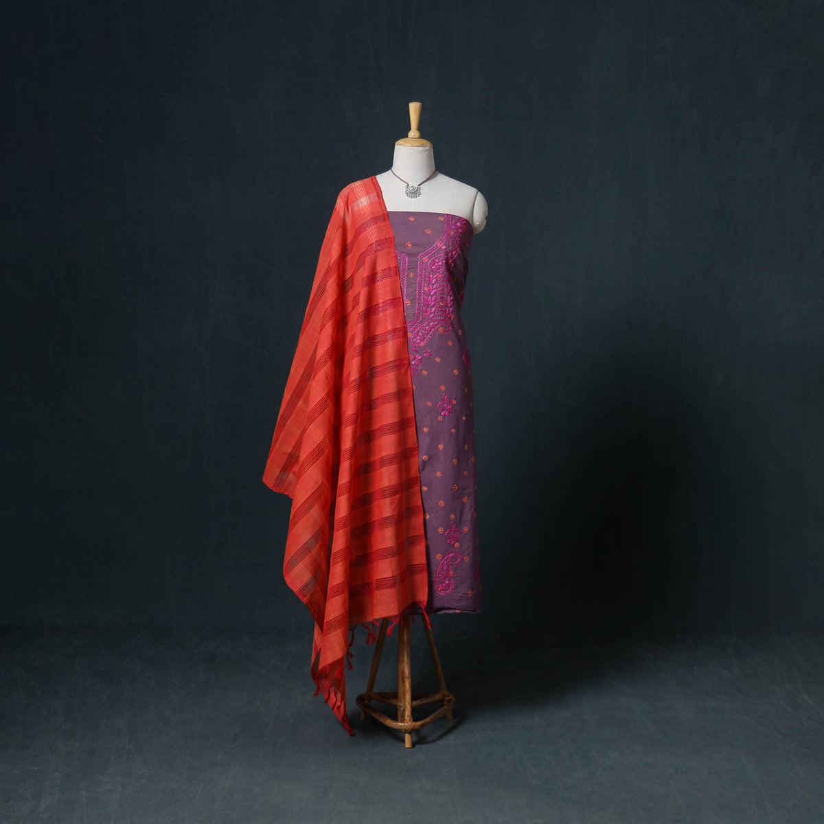 Lucknowi Chikankari Hand Work Unstitched Dress Material: Kurta & Dupatta with Jewellery 19