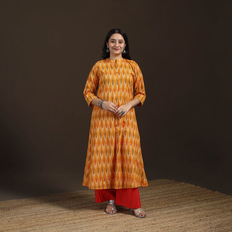 Yellow - Pochampally Ikat Cotton A-Line Long Kurta for Women 04