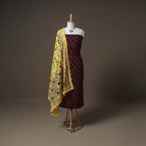 Maroon - Bandhani Cotton Unstitched Dress Material: Kurta & Dupatta with Jewellery 14