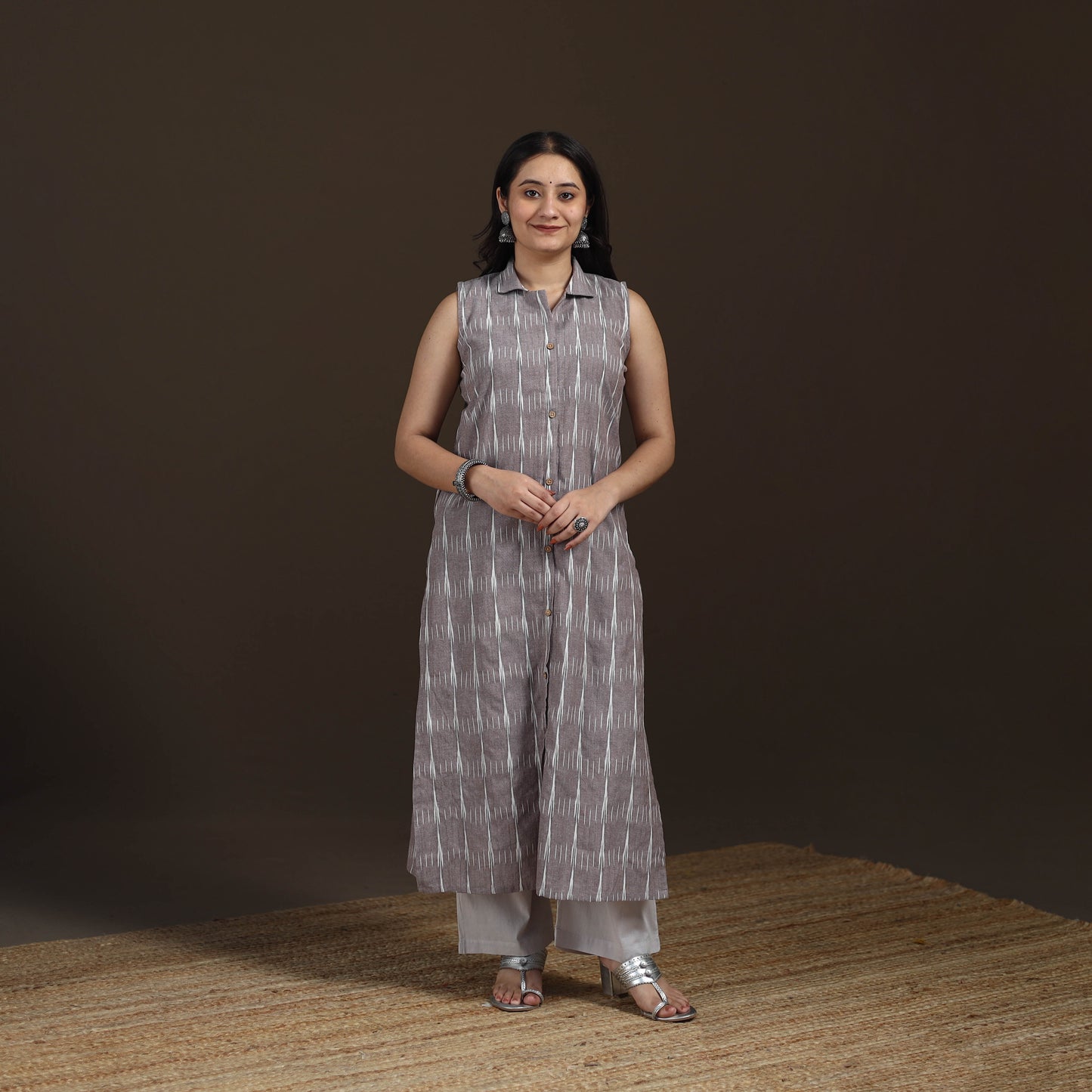 Pochampally Ikat Cotton Sleeveless Straight Long Kurta for Women 45