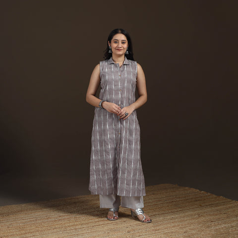 Pochampally Ikat Cotton Sleeveless Straight Long Kurta for Women 45