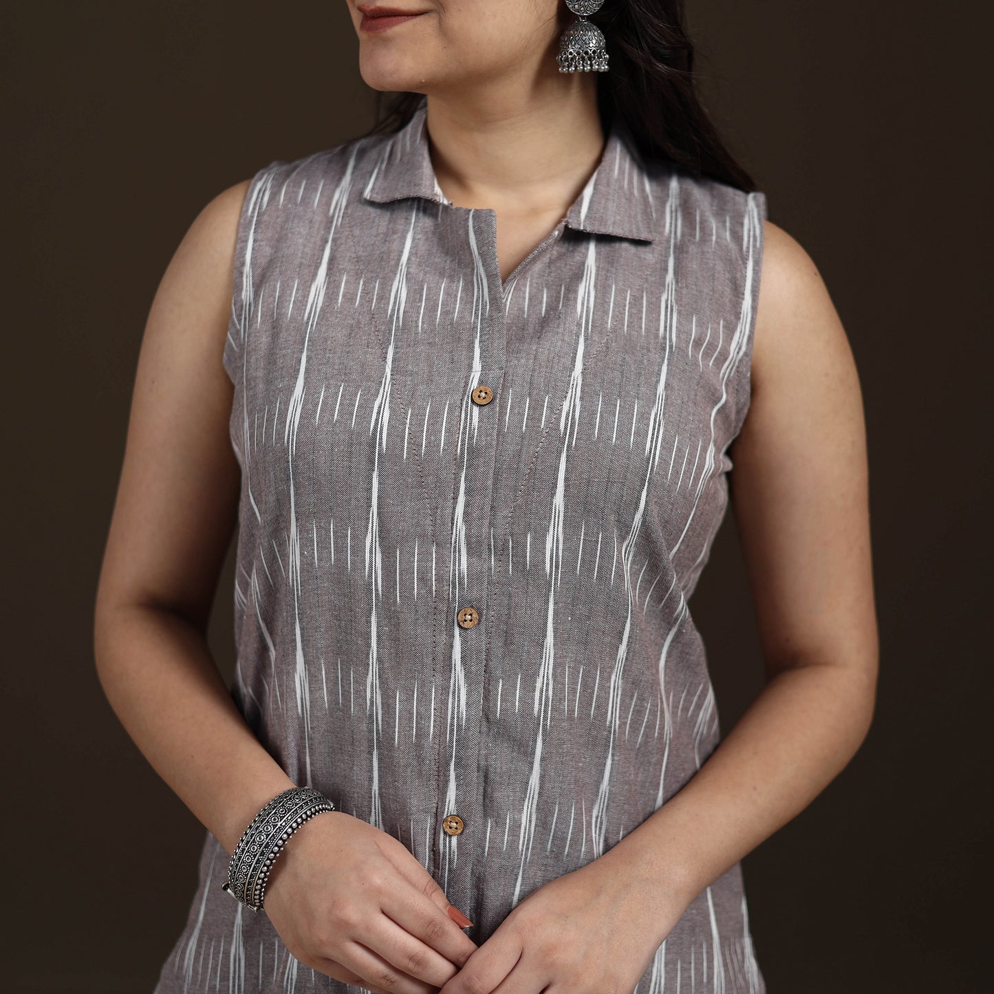 Pochampally Ikat Cotton Sleeveless Straight Long Kurta for Women 45