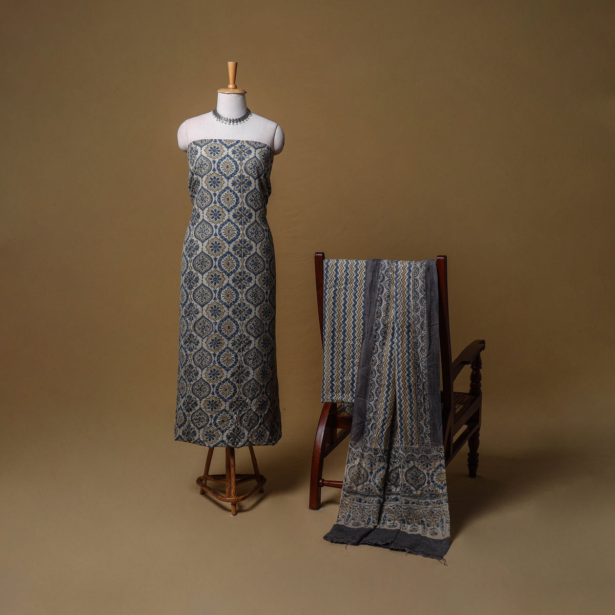 Woolen Ajrakh Hand Block Print Unstitched Dress Material: Kurta, Bottom with Dupatta 01