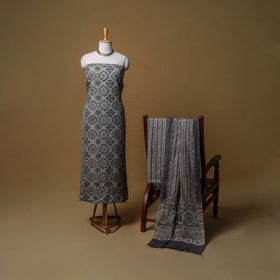 Woolen Ajrakh Hand Block Print Unstitched Dress Material: Kurta, Bottom with Dupatta 01