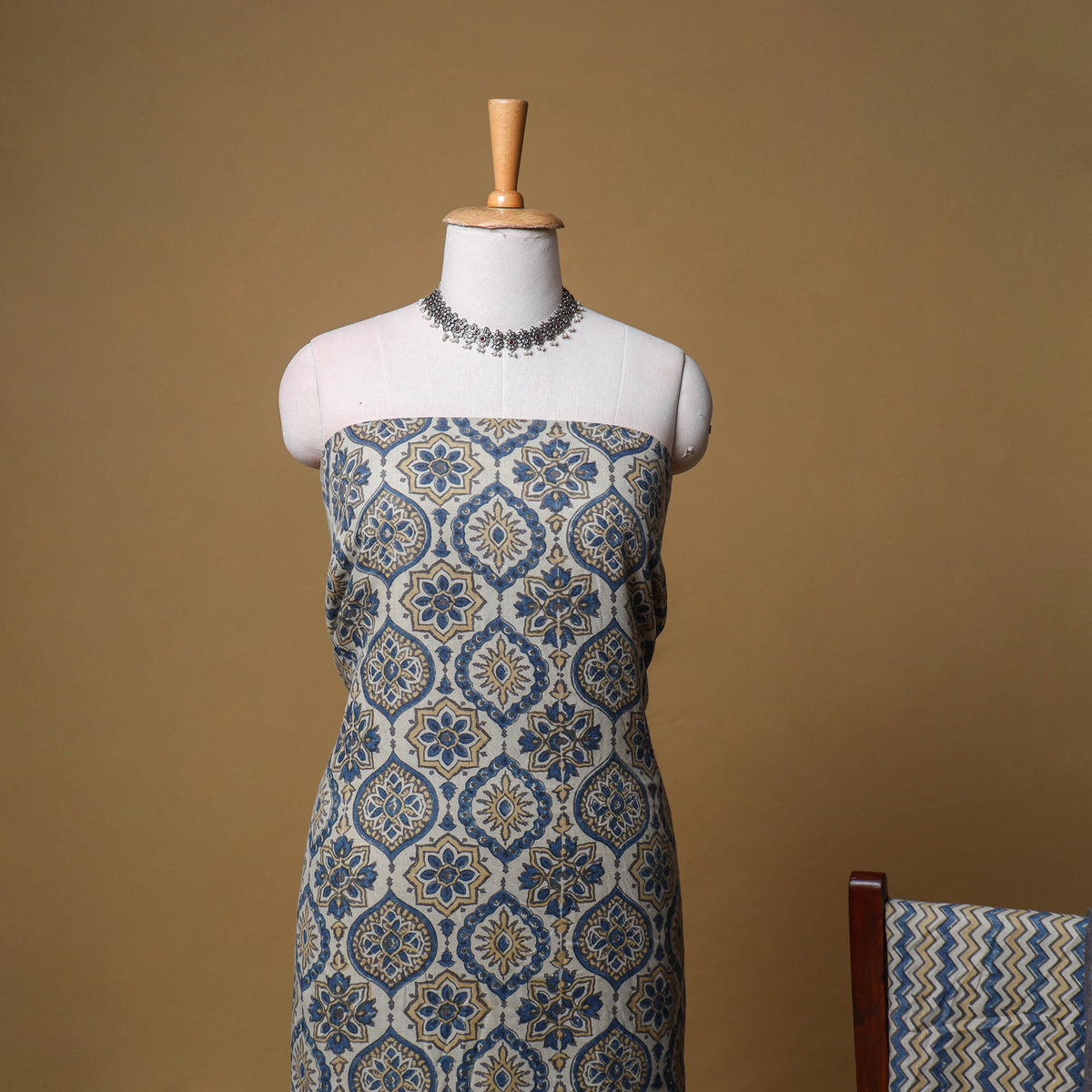Woolen Ajrakh Hand Block Print Unstitched Dress Material: Kurta, Bottom with Dupatta 01