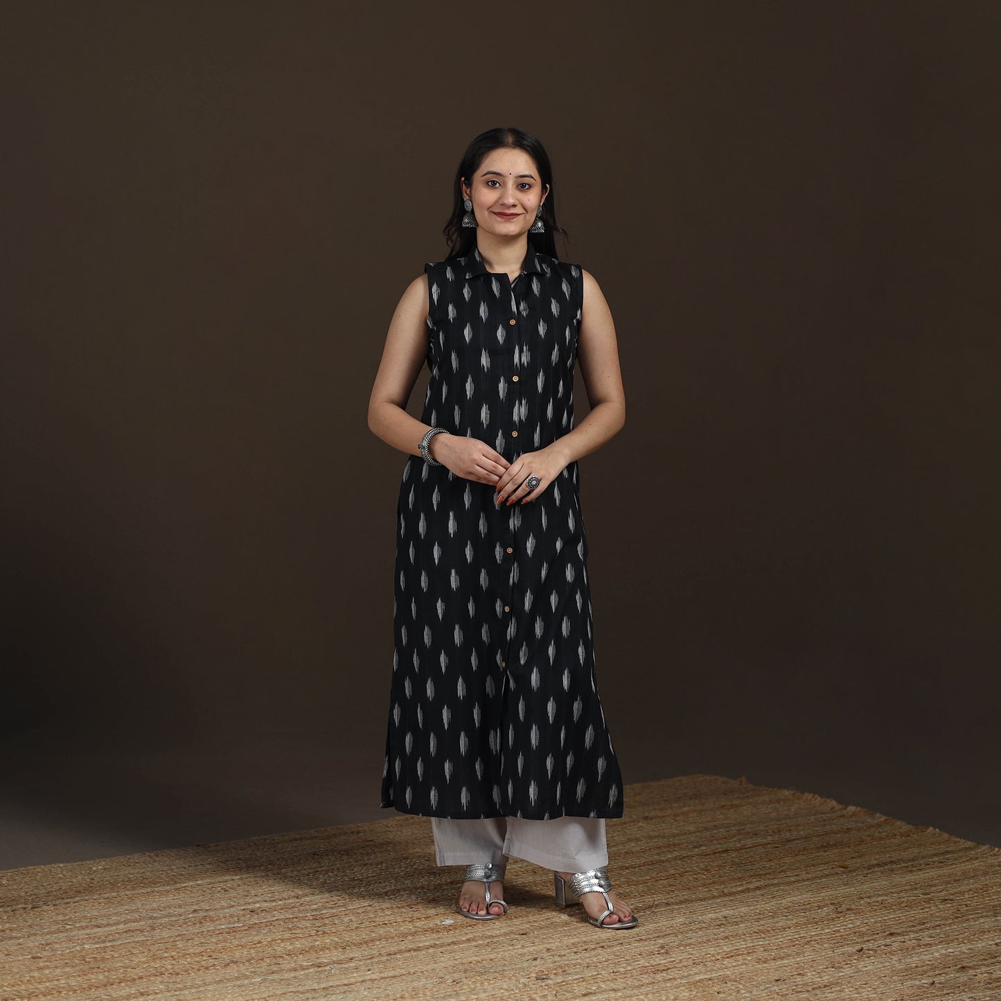 Pochampally Ikat Cotton Sleeveless Straight Long Kurta for Women 44