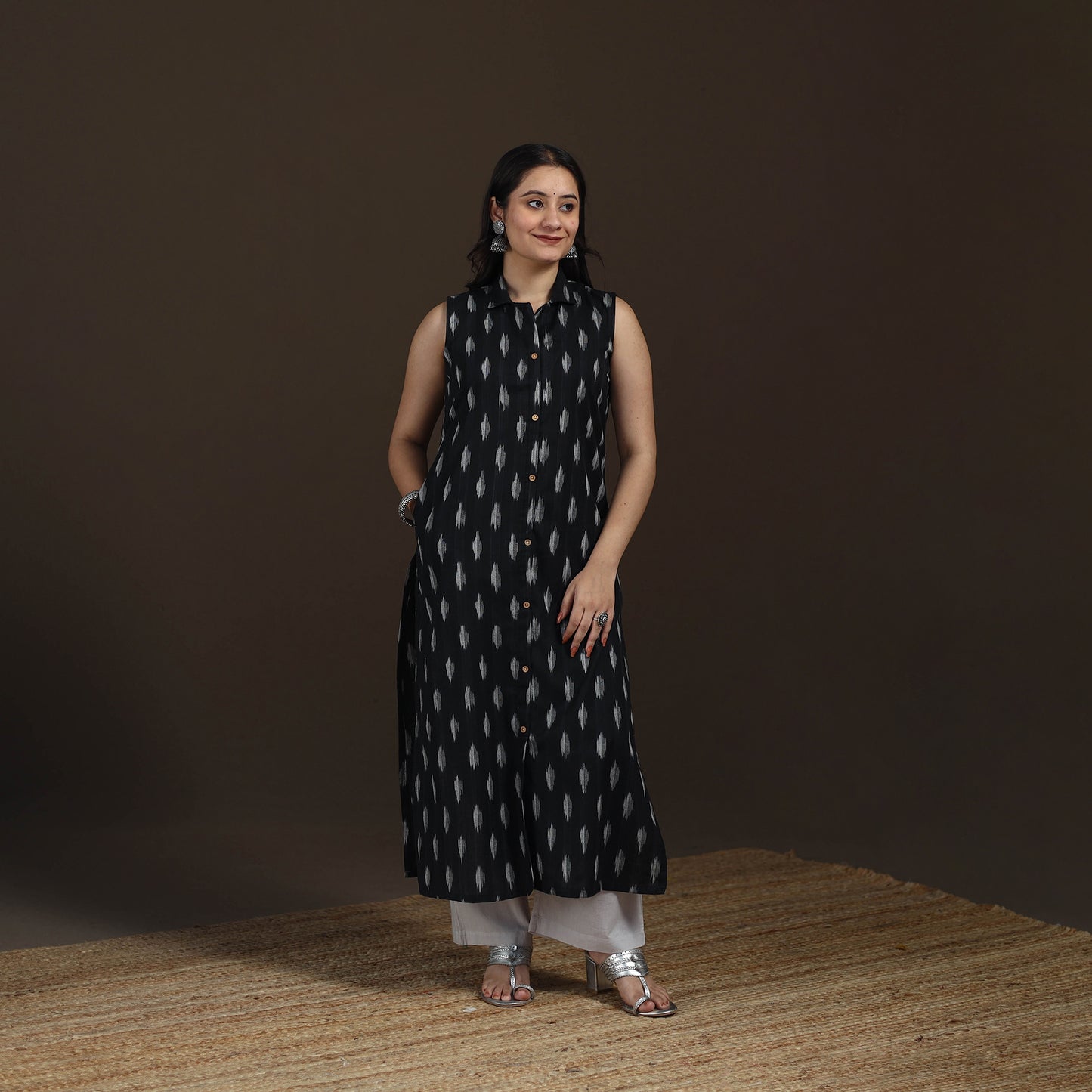 Pochampally Ikat Cotton Sleeveless Straight Long Kurta for Women 44