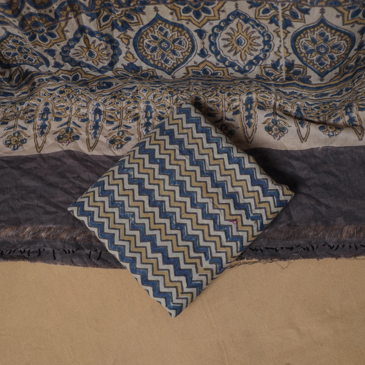 Woolen Ajrakh Hand Block Print Unstitched Dress Material: Kurta, Bottom with Dupatta 01