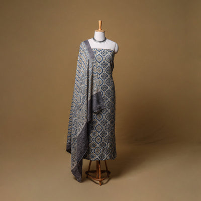 Woolen Ajrakh Hand Block Print Unstitched Dress Material: Kurta, Bottom with Dupatta 01