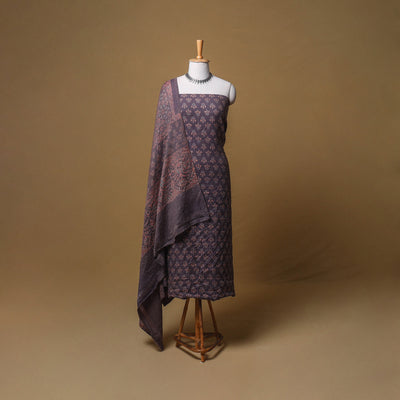 Woolen Ajrakh Hand Block Print Unstitched Dress Material: Kurta, Bottom with Dupatta 02