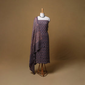 Woolen Ajrakh Hand Block Print Unstitched Dress Material: Kurta, Bottom with Dupatta 02