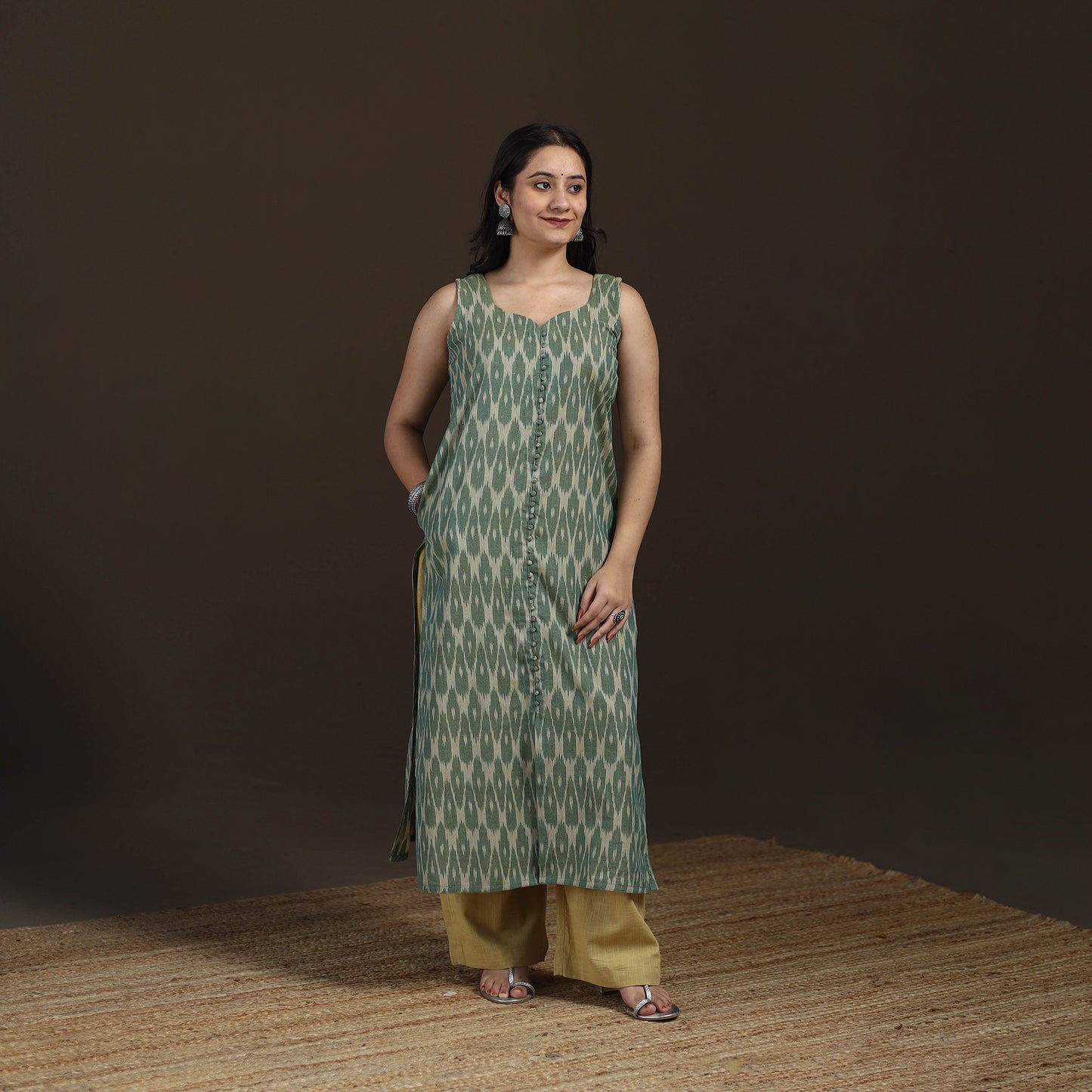 Pochampally Ikat Cotton Sleeveless Straight Long Kurta for Women 43