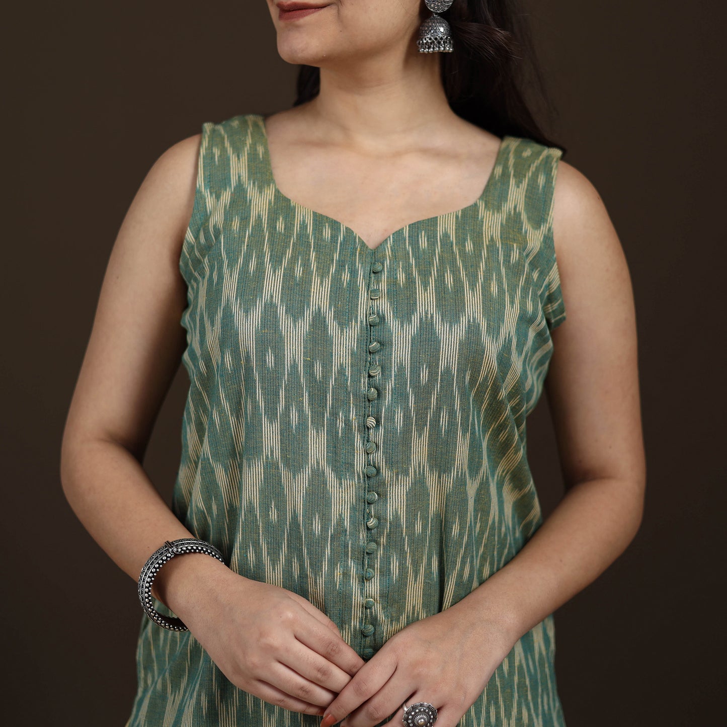 Pochampally Ikat Cotton Sleeveless Straight Long Kurta for Women 43
