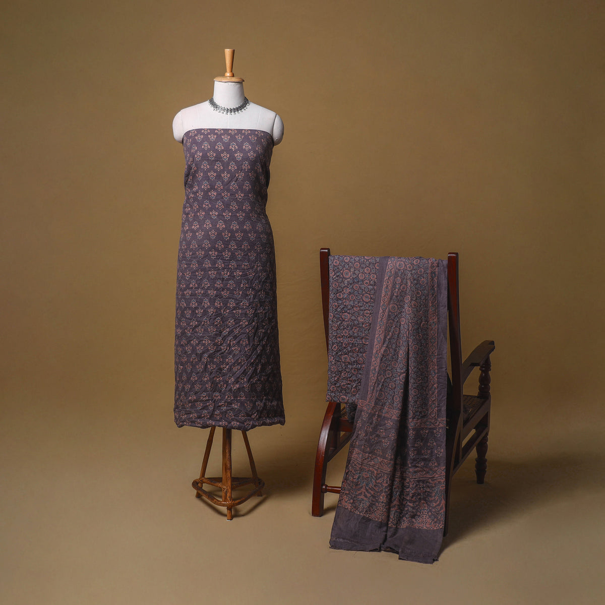Woolen Ajrakh Hand Block Print Unstitched Dress Material: Kurta, Bottom with Dupatta 02