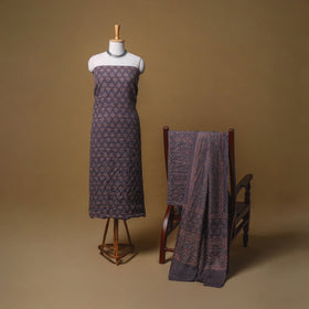 Woolen Ajrakh Hand Block Print Unstitched Dress Material: Kurta, Bottom with Dupatta 02