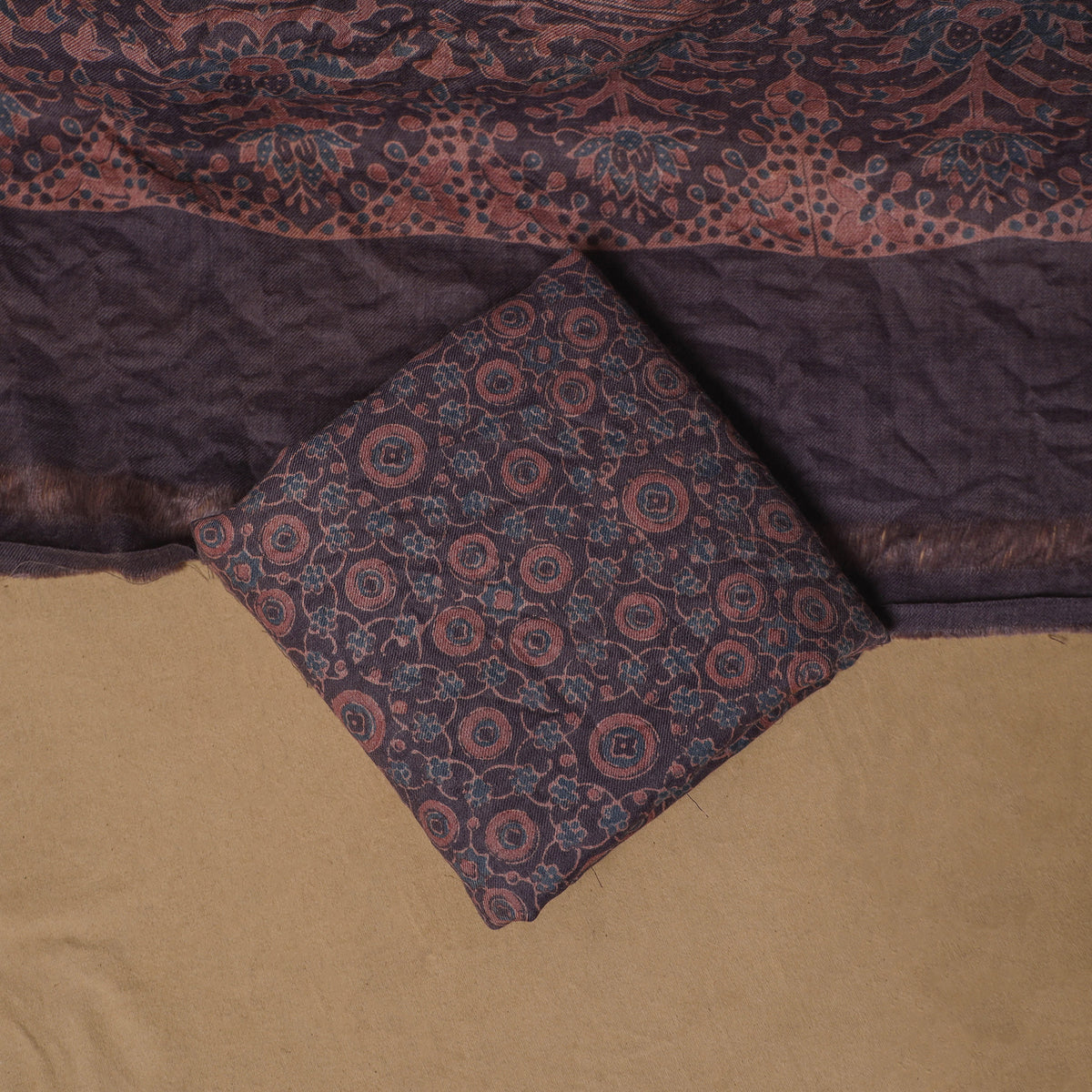 Woolen Ajrakh Hand Block Print Unstitched Dress Material: Kurta, Bottom with Dupatta 02
