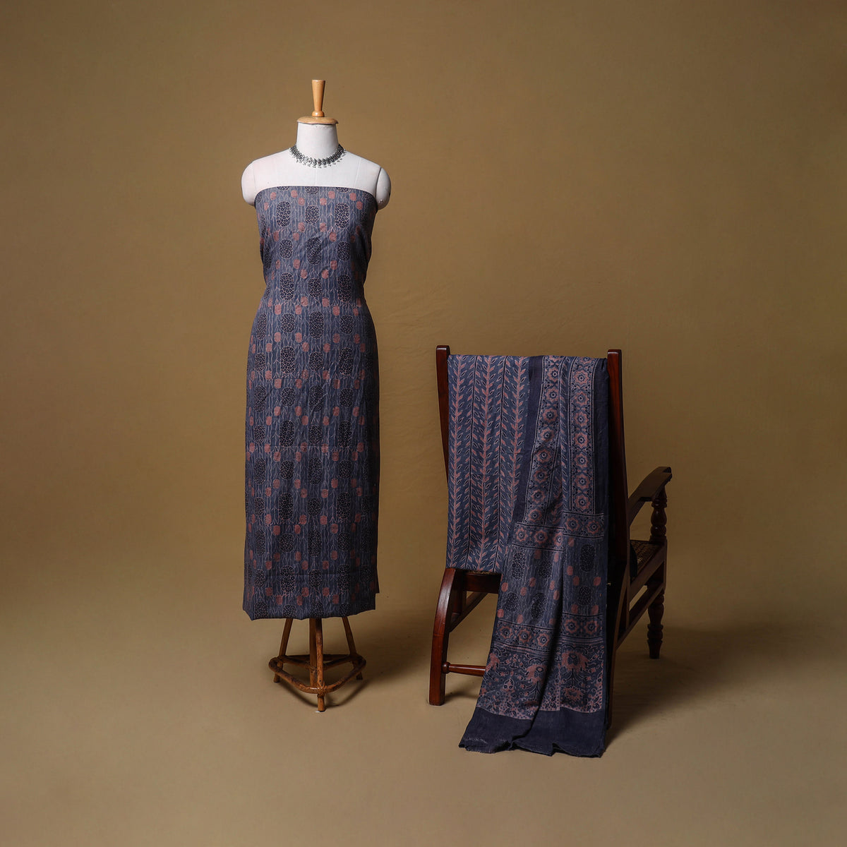 Woolen Ajrakh Hand Block Print Unstitched Dress Material: Kurta, Bottom with Dupatta 03