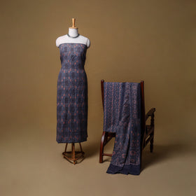 Woolen Ajrakh Hand Block Print Unstitched Dress Material: Kurta, Bottom with Dupatta 03