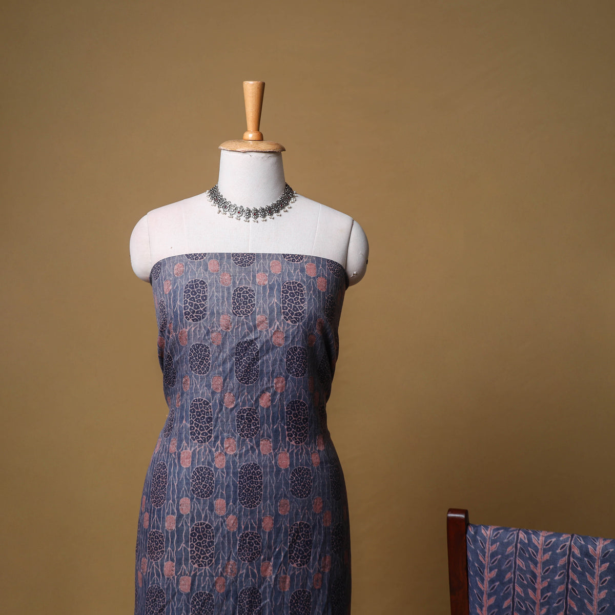 Woolen Ajrakh Hand Block Print Unstitched Dress Material: Kurta, Bottom with Dupatta 03