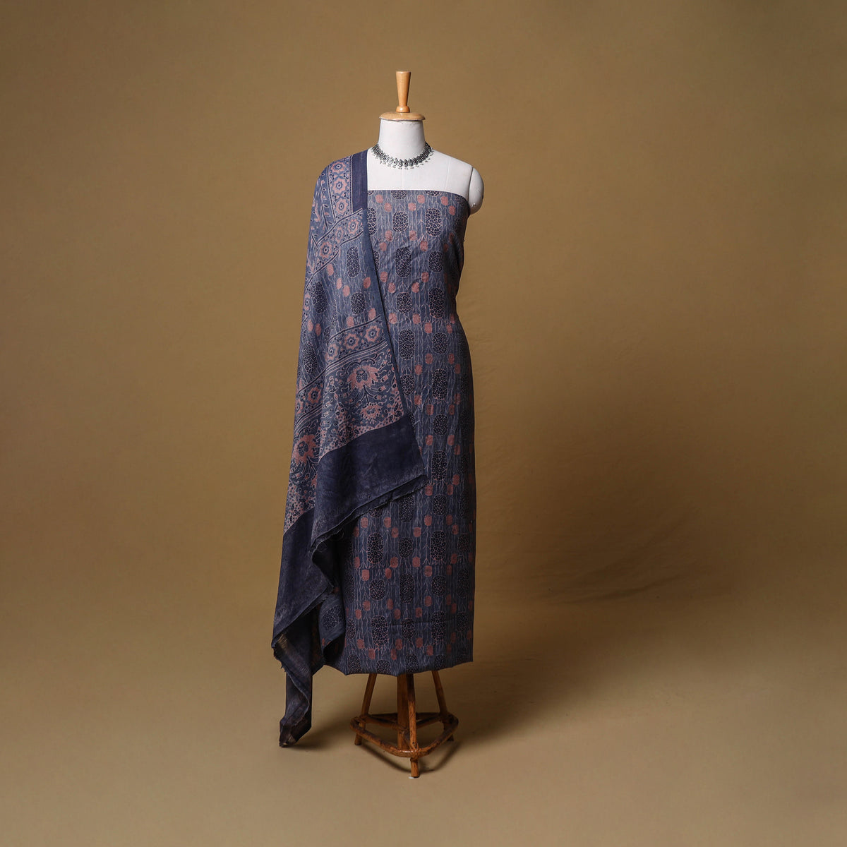 Woolen Ajrakh Hand Block Print Unstitched Dress Material: Kurta, Bottom with Dupatta 03