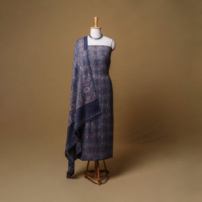 Woolen Ajrakh Hand Block Print Unstitched Dress Material: Kurta, Bottom with Dupatta 03