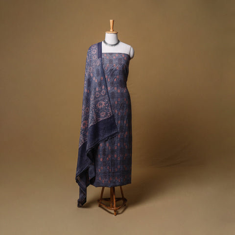 Woolen Ajrakh Hand Block Print Unstitched Dress Material: Kurta, Bottom with Dupatta 03