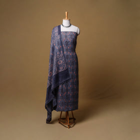 Woolen Ajrakh Hand Block Print Unstitched Dress Material: Kurta, Bottom with Dupatta 03