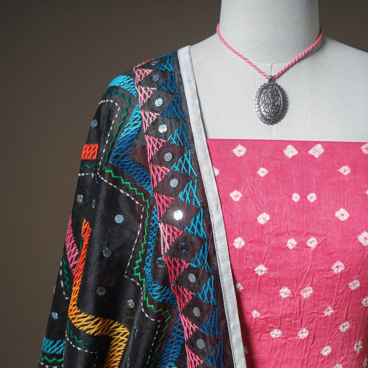 Pink - Bandhani Cotton Unstitched Dress Material: Kurta & Dupatta with Jewellery 17