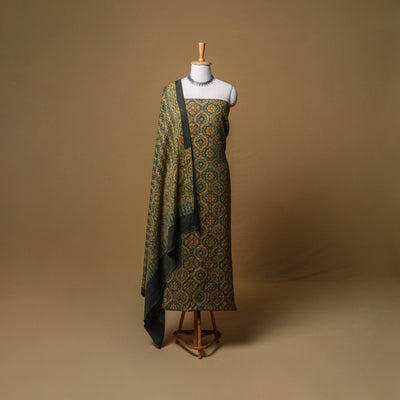Woolen Ajrakh Hand Block Print Unstitched Dress Material: Kurta, Bottom with Dupatta 04
