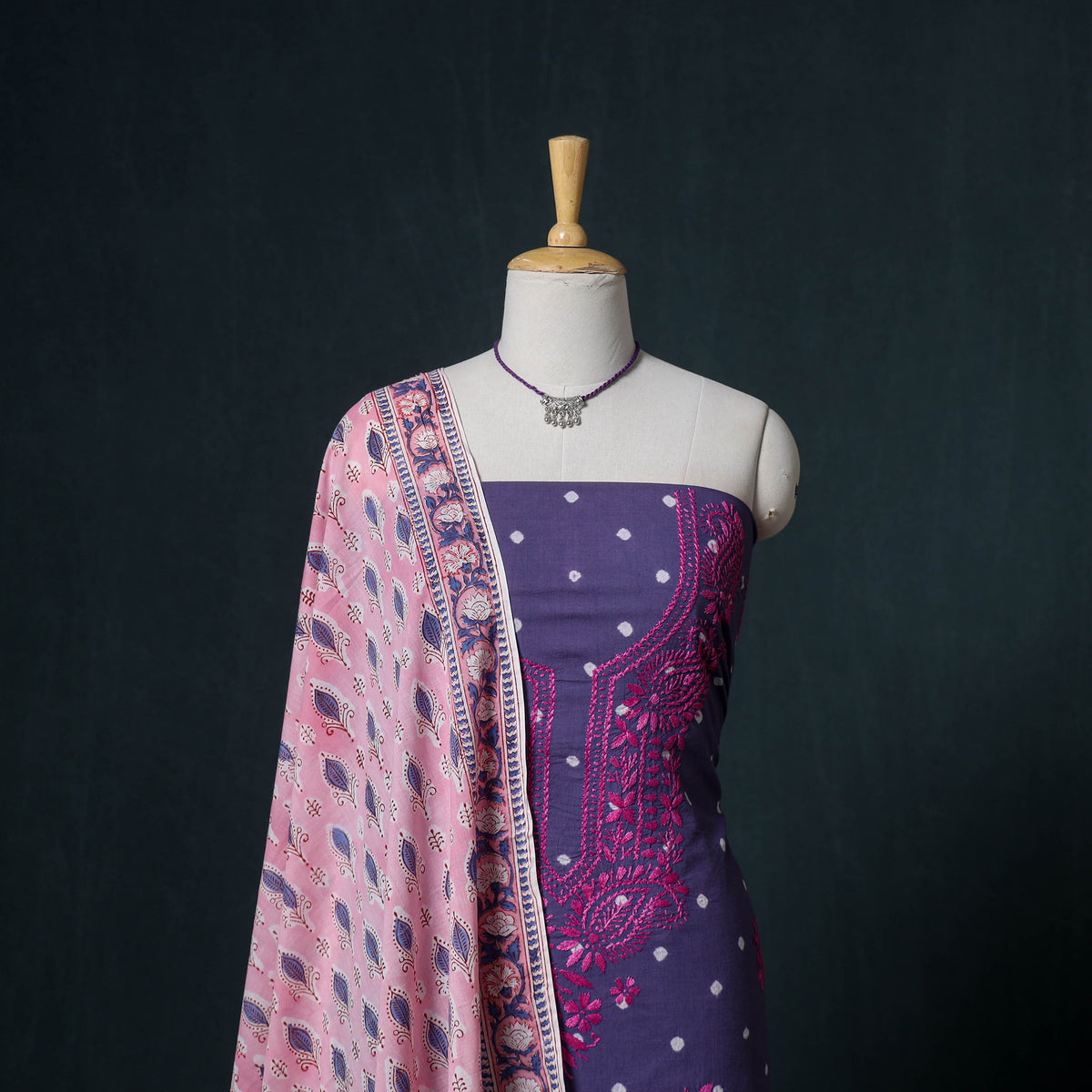 Lucknowi Chikankari Hand Work Unstitched Dress Material: Kurta & Dupatta with Jewellery 25