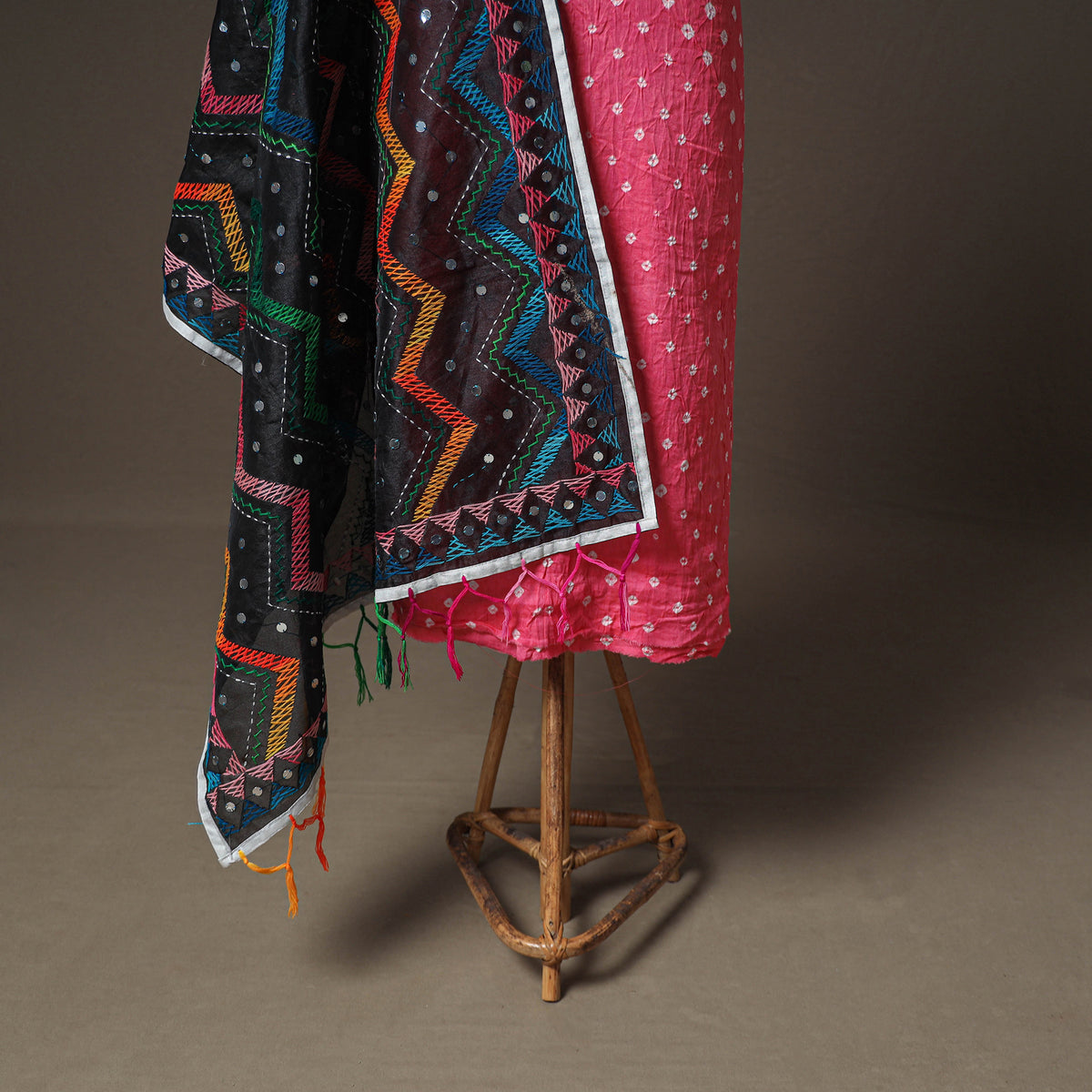 Pink - Bandhani Cotton Unstitched Dress Material: Kurta & Dupatta with Jewellery 17