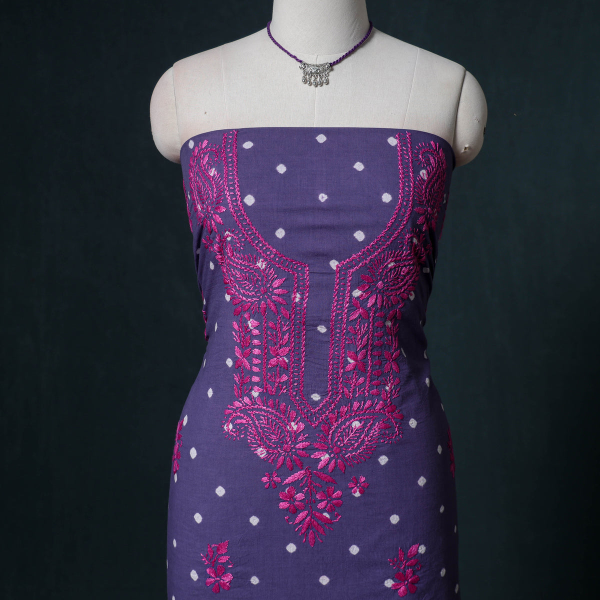 Lucknowi Chikankari Hand Work Unstitched Dress Material: Kurta & Dupatta with Jewellery 25