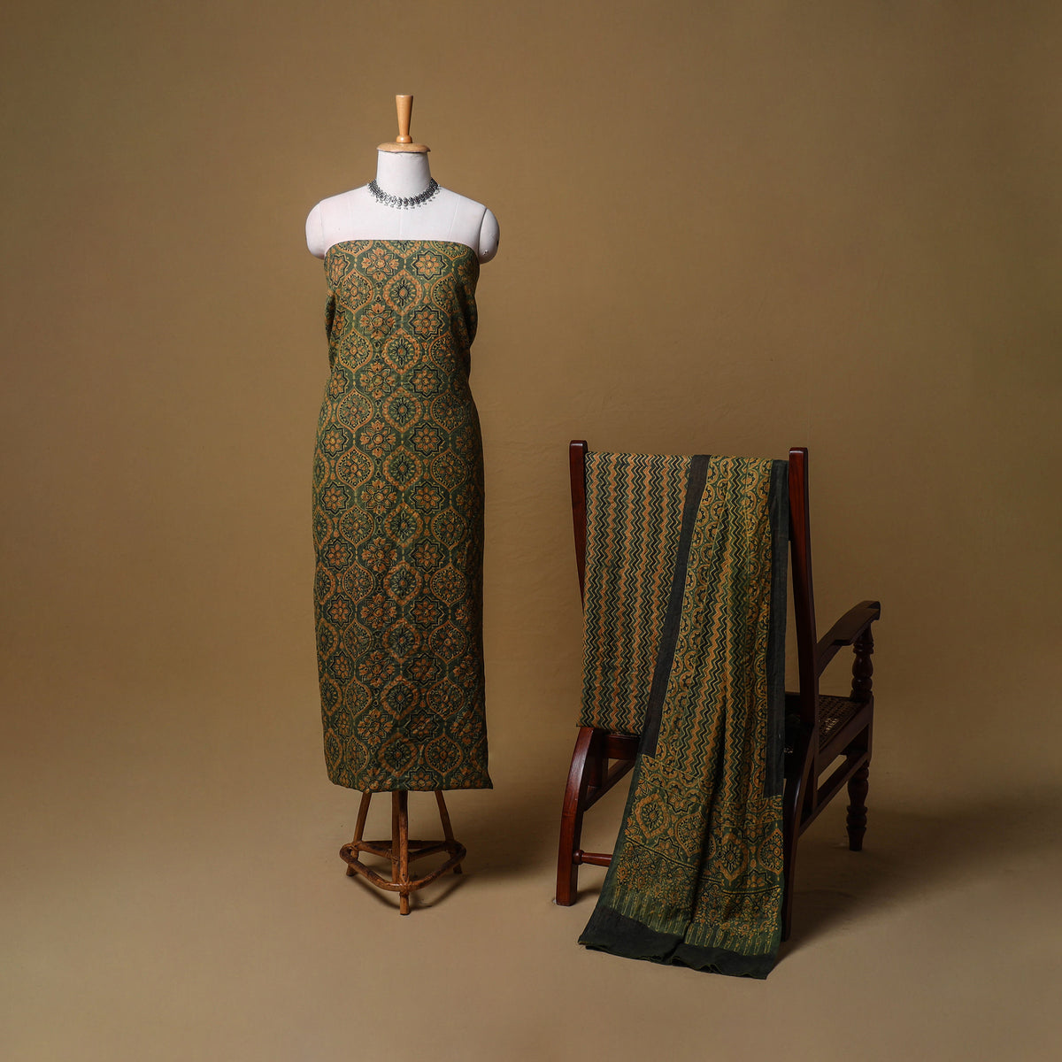 Woolen Ajrakh Hand Block Print Unstitched Dress Material: Kurta, Bottom with Dupatta 04